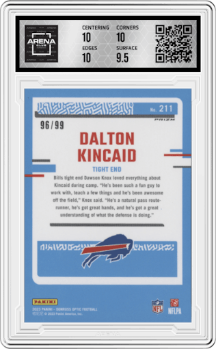 Dalton Kincaid from the 2023 Donruss Optic set featuring a Red parallel graded by Arena Club and given an overall grade of 10.