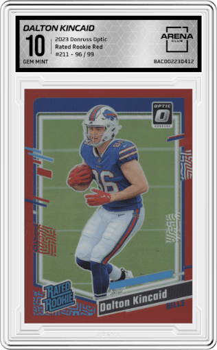 Dalton Kincaid from the 2023 Donruss Optic set featuring a Red parallel graded by Arena Club and given an overall grade of 10.