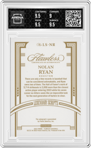 Nolan Ryan from the 2023 Panini Flawless set featuring a Gold parallel graded by Arena Club and given an overall grade of 9.5.