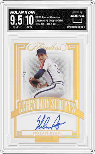 Nolan Ryan from the 2023 Panini Flawless set featuring a Gold parallel graded by Arena Club and given an overall grade of 9.5.