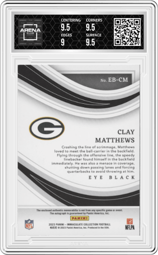 Clay Matthews from the 2023 Panini Immaculate Collection  set featuring a Gold parallel graded by Arena Club and given an overall grade of 9.5.