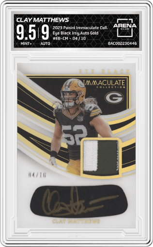 Clay Matthews from the 2023 Panini Immaculate Collection  set featuring a Gold parallel graded by Arena Club and given an overall grade of 9.5.