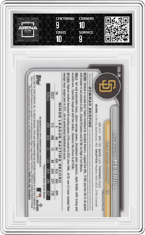 Jackson Merrill from the 2024 Bowman Chrome set featuring a Blue Refractor parallel graded by Arena Club and given an overall grade of 9.5.