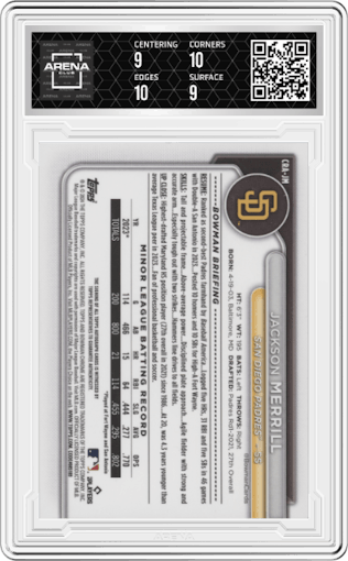 Jackson Merrill from the 2024 Bowman Chrome set featuring a Blue Refractor parallel graded by Arena Club and given an overall grade of 9.5.