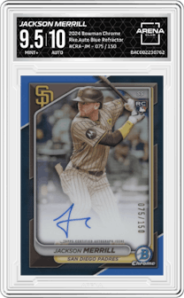Jackson Merrill from the 2024 Bowman Chrome set featuring a Blue Refractor parallel graded by Arena Club and given an overall grade of 9.5.