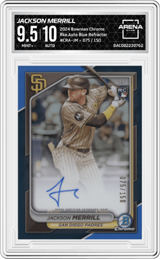 Jackson Merrill from the 2024 Bowman Chrome set featuring a Blue Refractor parallel graded by Arena Club and given an overall grade of 9.5.