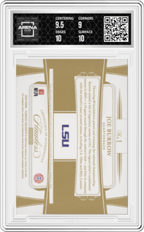 Joe Burrow from the 2020 Panini Flawless Collegiate set graded by Arena Club and given an overall grade of 9.5.