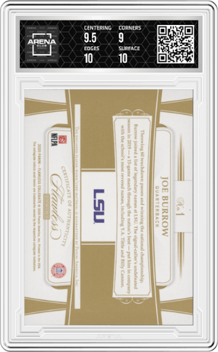 Joe Burrow from the 2020 Panini Flawless Collegiate set graded by Arena Club and given an overall grade of 9.5.
