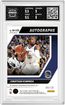 Jonathan Kuminga from the 2023-24 Panini Mosaic set featuring a Gold Mosaic parallel graded by Arena Club and given an overall grade of 9.5.