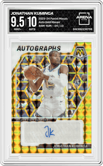 Jonathan Kuminga from the 2023-24 Panini Mosaic set featuring a Gold Mosaic parallel graded by Arena Club and given an overall grade of 9.5.