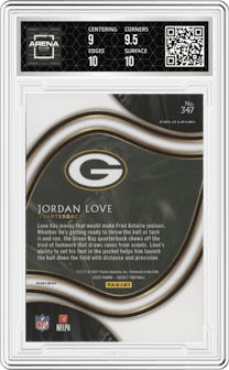 Jordan Love from the 2020 Panini Select set featuring a Silver Prizm parallel graded by Arena Club and given an overall grade of 9.5.