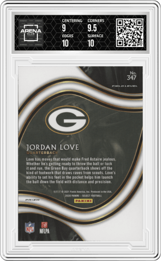 Jordan Love from the 2020 Panini Select set featuring a Silver Prizm parallel graded by Arena Club and given an overall grade of 9.5.