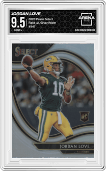 Jordan Love from the 2020 Panini Select set featuring a Silver Prizm parallel graded by Arena Club and given an overall grade of 9.5.