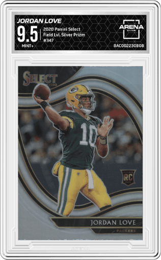 Jordan Love from the 2020 Panini Select set featuring a Silver Prizm parallel graded by Arena Club and given an overall grade of 9.5.