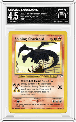 Shining Charizard from the 2002 Pokemon Neo Genesis set graded by Arena Club and given an overall grade of 4.5.