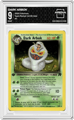 Dark Arbok from the 2000 Pokemon set graded by Arena Club and given an overall grade of 9.