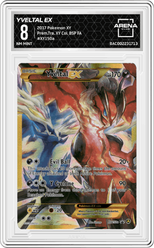 Yveltal EX from the 2017 Pokemon XY set featuring a Premium Trainer XY Collection parallel graded by Arena Club and given an overall grade of 8.