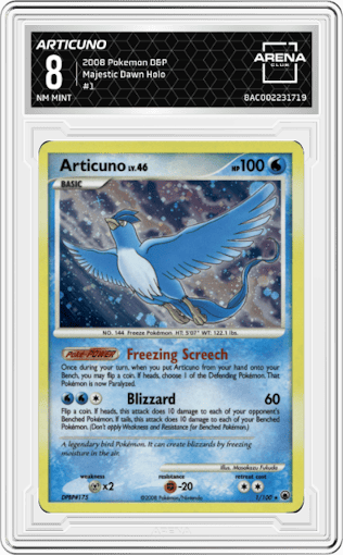 Articuno from the 2008 Pokemon D&P set graded by Arena Club and given an overall grade of 8.