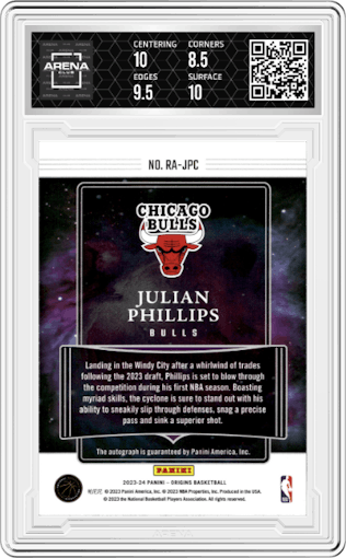 Julian Phillips from the 2023-24 Panini Origins set graded by Arena Club and given an overall grade of 9.