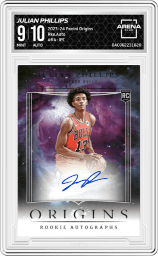 Julian Phillips from the 2023-24 Panini Origins set graded by Arena Club and given an overall grade of 9.