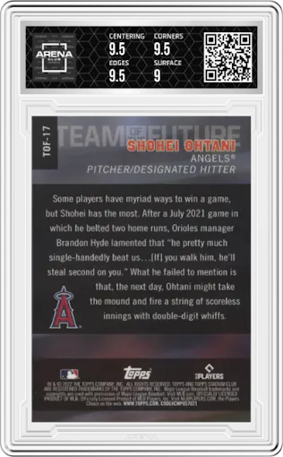 Shohei Ohtani from the 2022 Stadium Club Chrome set graded by Arena Club and given an overall grade of 9.5.