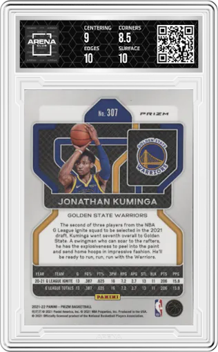  Jonathan Kuminga  from the 2021-22 Panini Prizm  set featuring a Green Prizm parallel graded by Arena Club and given an overall grade of 9.