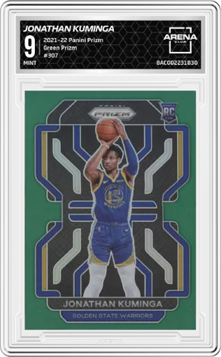  Jonathan Kuminga  from the 2021-22 Panini Prizm  set featuring a Green Prizm parallel graded by Arena Club and given an overall grade of 9.
