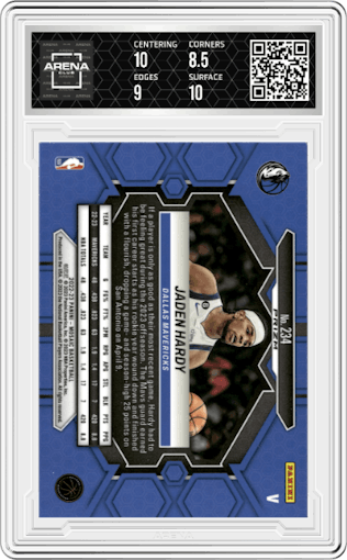 Jaden Hardy from the 2022-23 Panini Mosaic set featuring a Fast Break parallel graded by Arena Club and given an overall grade of 9.