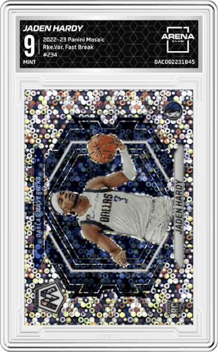 Jaden Hardy from the 2022-23 Panini Mosaic set featuring a Fast Break parallel graded by Arena Club and given an overall grade of 9.