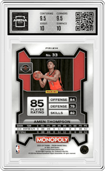 Amen Thompson  from the 2023-24 Panini Prizm Monopoly set featuring a Purple  parallel graded by Arena Club and given an overall grade of 10.