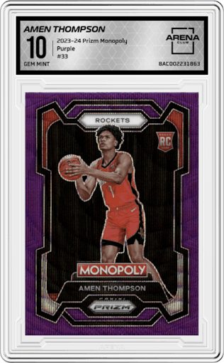 Amen Thompson  from the 2023-24 Panini Prizm Monopoly set featuring a Purple  parallel graded by Arena Club and given an overall grade of 10.
