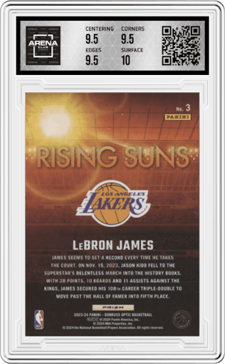 LeBron James from the 2023-24 Donruss Optic set featuring a Holo parallel graded by Arena Club and given an overall grade of 10.
