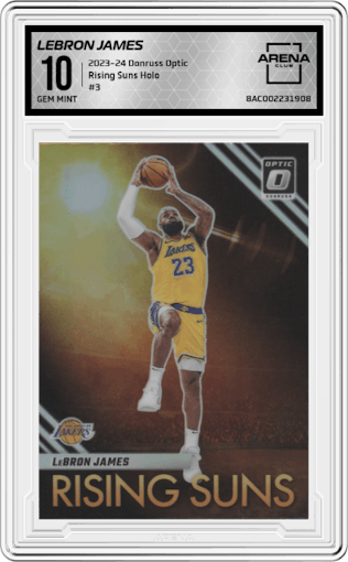 LeBron James from the 2023-24 Donruss Optic set featuring a Holo parallel graded by Arena Club and given an overall grade of 10.