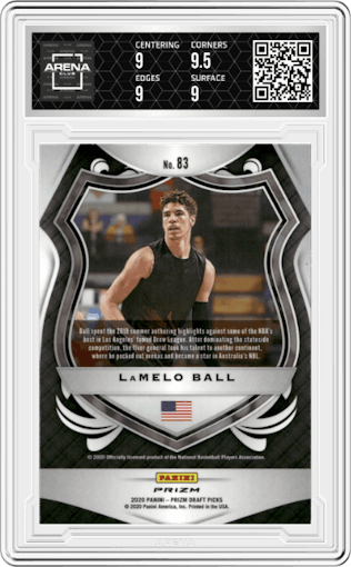LaMelo Ball from the 2020-21 Panini Prizm Draft Picks set featuring a Pink Ice parallel graded by Arena Club and given an overall grade of 9.