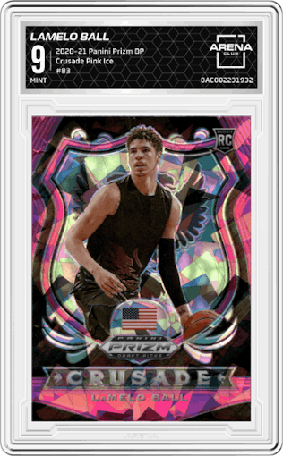 LaMelo Ball from the 2020-21 Panini Prizm Draft Picks set featuring a Pink Ice parallel graded by Arena Club and given an overall grade of 9.