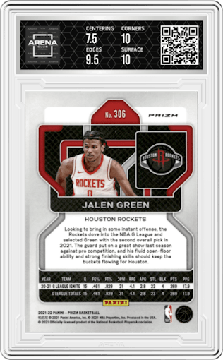 Jalen Green from the 2021-22 Panini Prizm  set featuring a Hyper parallel graded by Arena Club and given an overall grade of 8.
