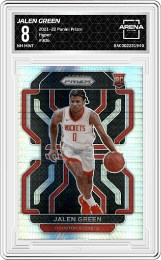 Jalen Green from the 2021-22 Panini Prizm  set featuring a Hyper parallel graded by Arena Club and given an overall grade of 8.
