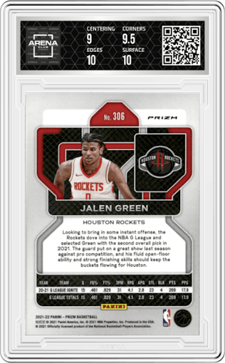 Jalen Green from the 2021-22 Panini Prizm  set featuring a Hyper parallel graded by Arena Club and given an overall grade of 9.5.