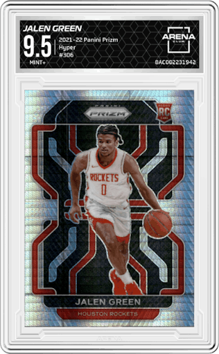 Jalen Green from the 2021-22 Panini Prizm  set featuring a Hyper parallel graded by Arena Club and given an overall grade of 9.5.