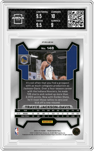 Trayce Jackson-Davis from the 2023-24 Panini Prizm set featuring a Ruby Wave parallel graded by Arena Club and given an overall grade of 9.5.