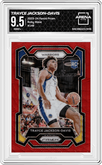 Trayce Jackson-Davis from the 2023-24 Panini Prizm set featuring a Ruby Wave parallel graded by Arena Club and given an overall grade of 9.5.