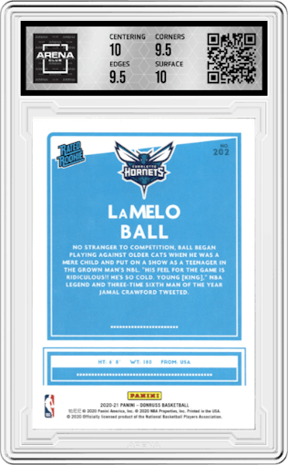 LaMelo Ball from the 2020-21 Panini Donruss set graded by Arena Club and given an overall grade of 10.