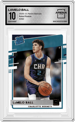 LaMelo Ball from the 2020-21 Panini Donruss set graded by Arena Club and given an overall grade of 10.