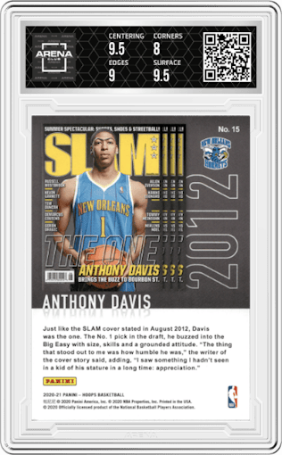 Anthony Davis from the 2020-21 Panini NBA Hoops set graded by Arena Club and given an overall grade of 8.5.