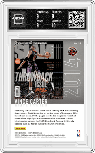 Vince Carter from the 2020-21 Panini NBA Hoops set graded by Arena Club and given an overall grade of 9.5.