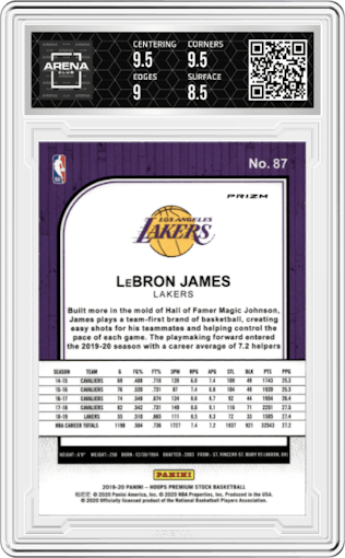 LeBron James from the 2019-20 Panini Hoops Premium Stock set featuring a Silver Laser parallel graded by Arena Club and given an overall grade of 9.