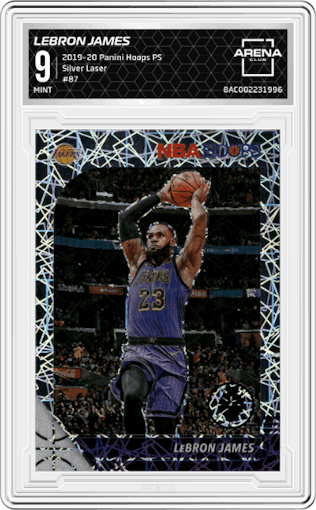 LeBron James from the 2019-20 Panini Hoops Premium Stock set featuring a Silver Laser parallel graded by Arena Club and given an overall grade of 9.