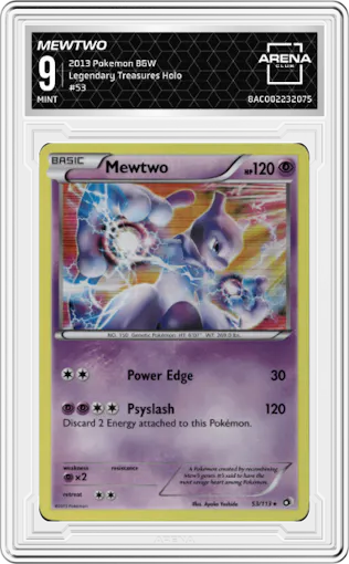 Mewtwo from the 2013 Pokemon B&W set graded by Arena Club and given an overall grade of 9.