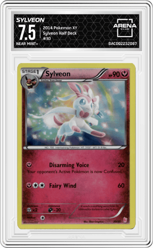 Sylveon from the 2014 Pokemon XY set graded by Arena Club and given an overall grade of 7.5.