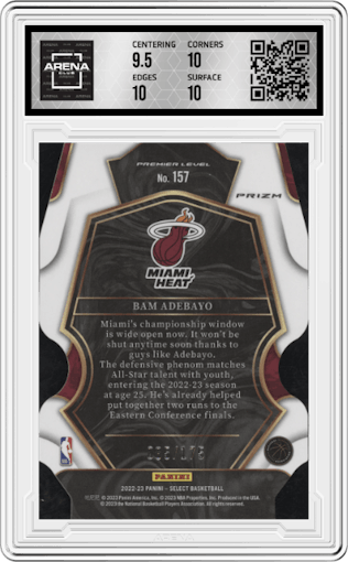 Bam Adebayo from the 2022-23 Panini Select set featuring a Die-Cut Maroon parallel graded by Arena Club and given an overall grade of 10.